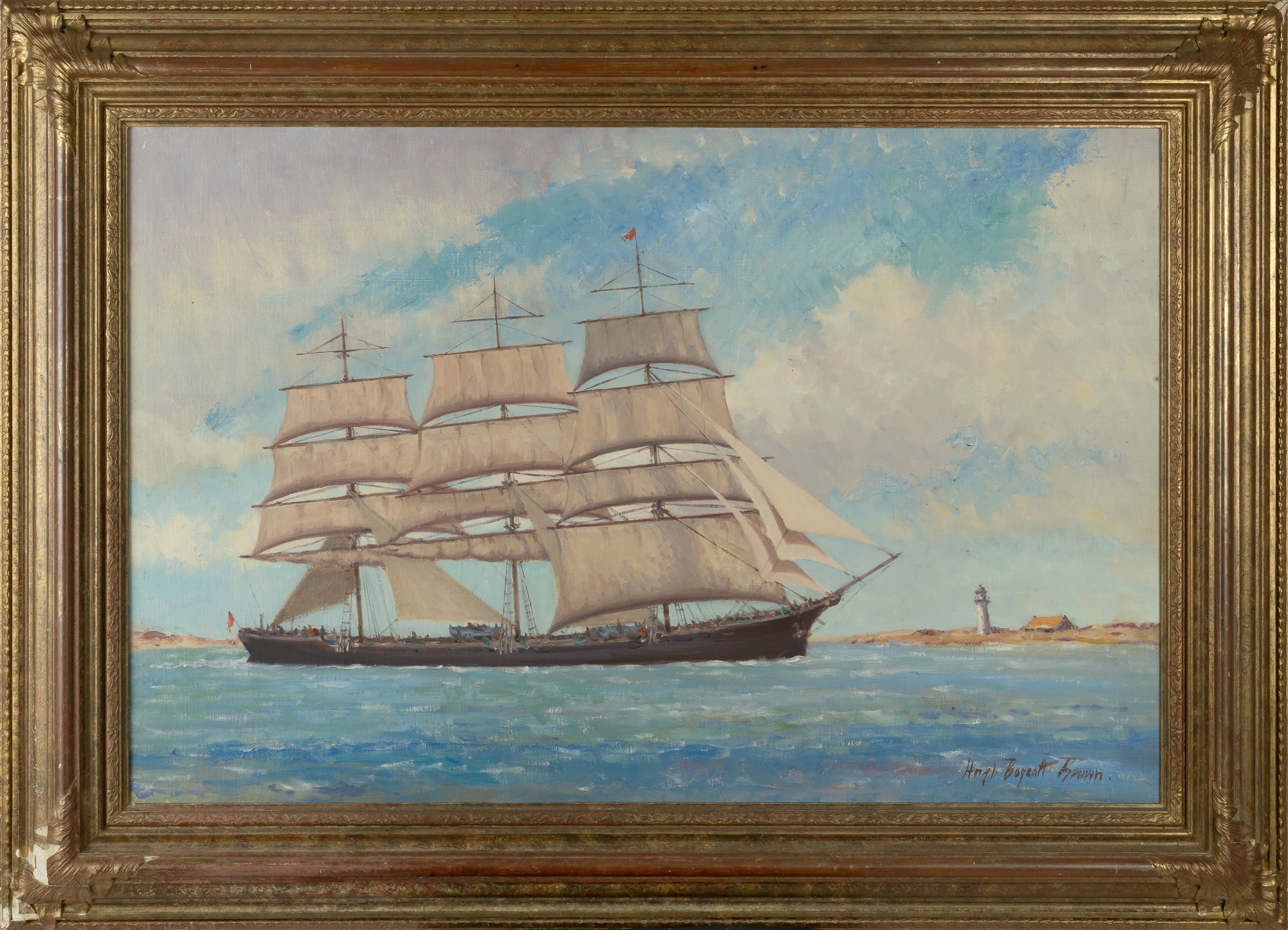 Hugh Boycott-Brown (1909-1990) Sailing Ship Near Land signed (lower right) oil on canvas 59 x 90cm. - Image 2 of 3