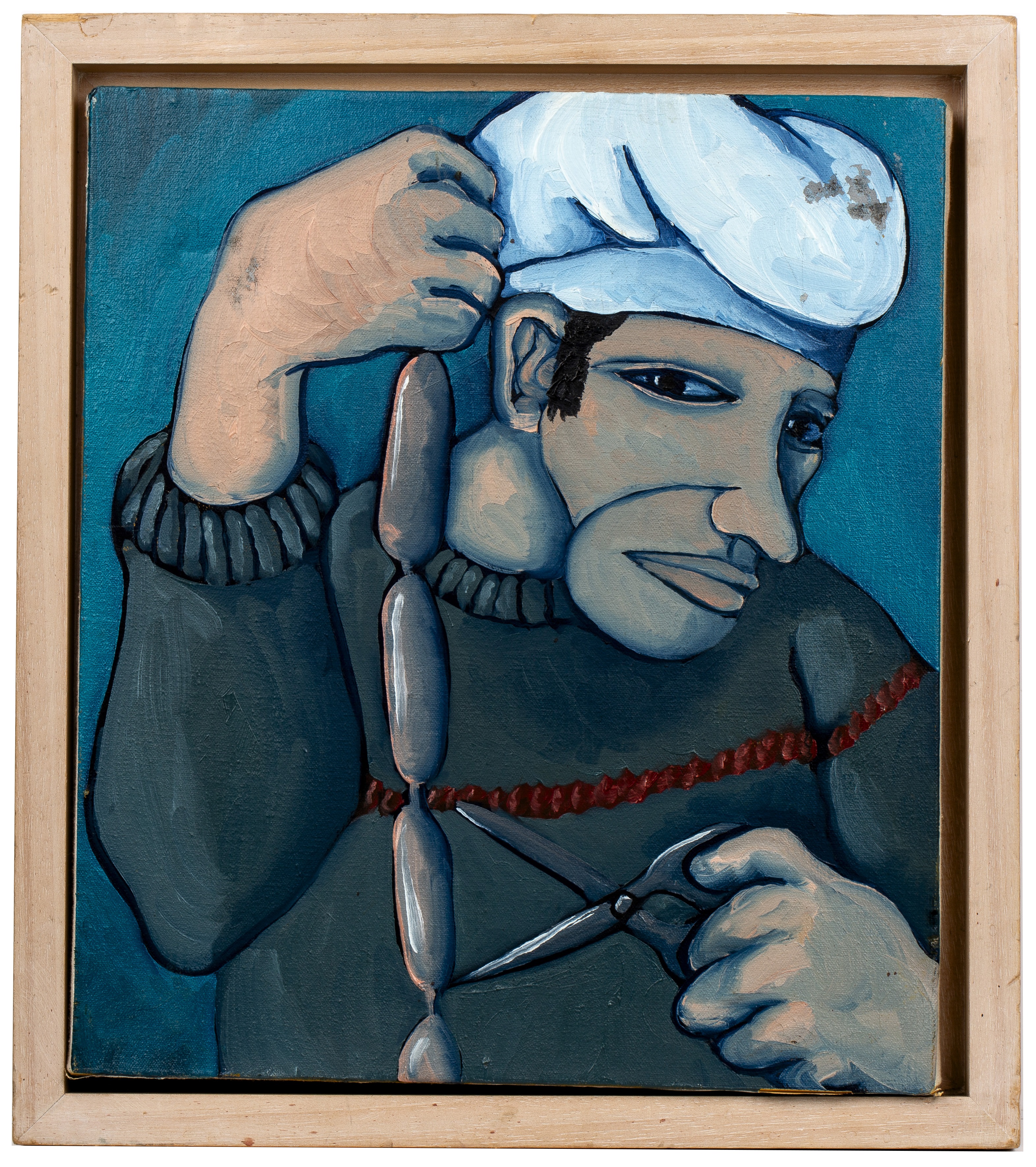 Henry Ward (b.1971) Chef with Sausages, 1997 signed and dated (to reverse) oil on canvas 41 x 35cm. - Image 2 of 3