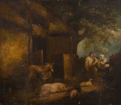 After George Morland (1762/63-1804) Untitled: Farm Scene with Animals, oil on board, 25cm x 28cm The