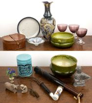 Collection of ceramics to include: two green glazed Bretby jardinière or bowls, three purple glass