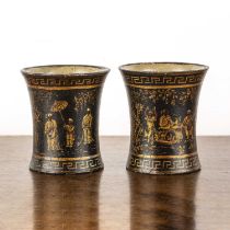 Pair of stoneware beakers of tapering form with chinoiserie decoration of figures and foliage,