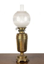 James Hinks & Sons oil lamp with 'Rd65891' impressed to the base, the brass body decorated with an