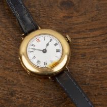 18ct gold cased wrist watch with Roman numerals on a white enamel dial, with import mark and