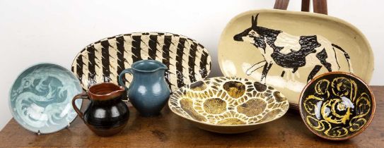 Collection of Joyce Smith studio ceramics to include a teal blue jug, signed to the base,