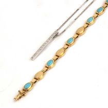 Precious yellow metal bracelet marked '585', with turquoise coloured inset panels, 19cm overall,