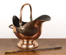 Copper helmet coal scuttle 19th Century, 39cm high overall a 19th Century poker, with engraved brass