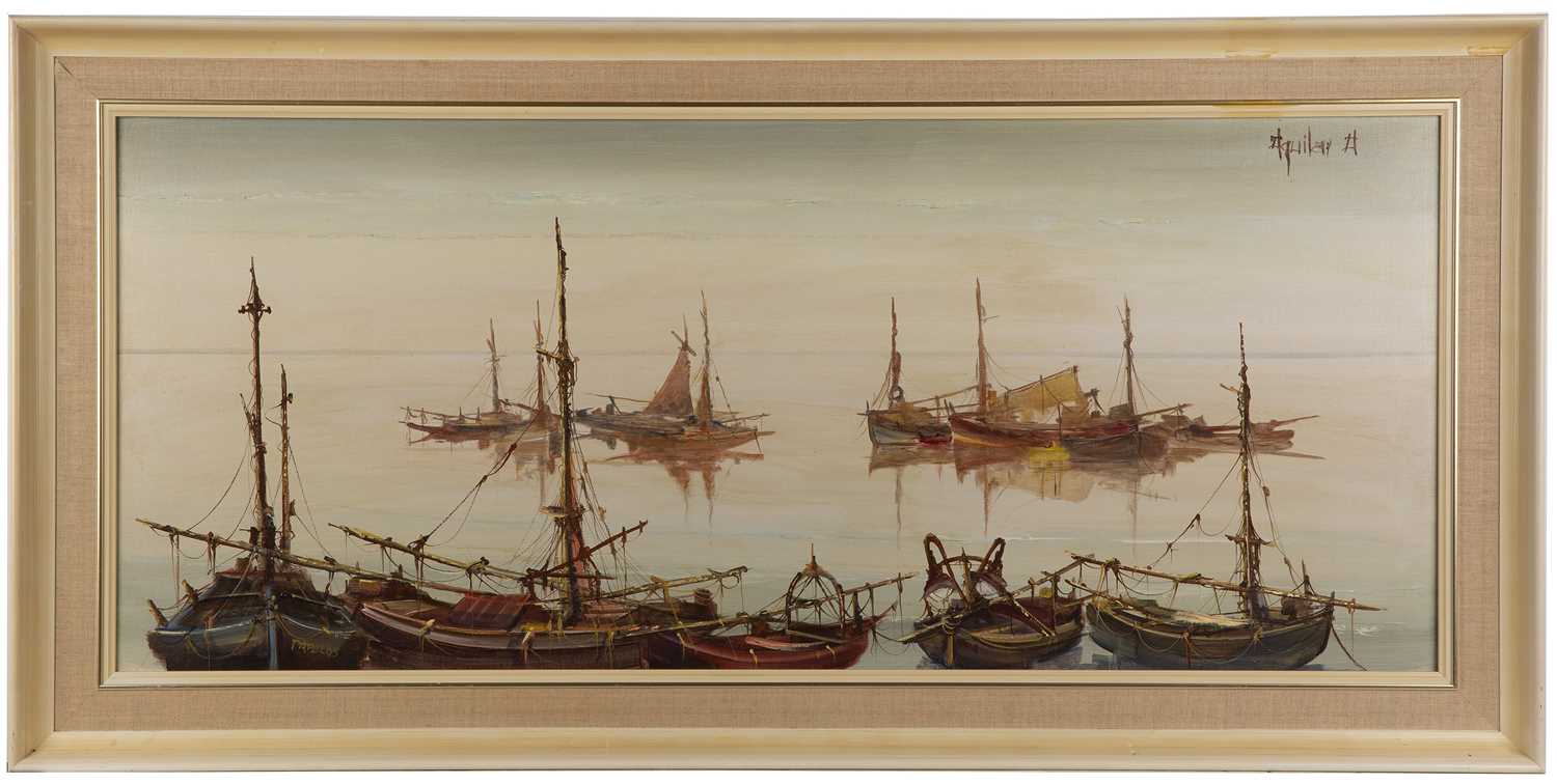 H Aquila (20th Century School) 'Group of fishing boats', oil on canvas, signed upper right, 44cm x - Image 2 of 3