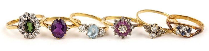 Collection of gold rings comprising five 18ct gold rings set with diamonds, white and coloured