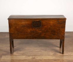 Six plank elm chest/coffer 17th Century, with chipped decoration, 92.5cm wide x 31.5cm deep x 60.5cm