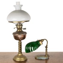 Art Deco style brass reading lamp with green moulded glass shade, 24cm high approx overall and a