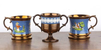 Three pieces of copper lustre Victorian, including a pair of tankards with coloured bands, 9.75cm