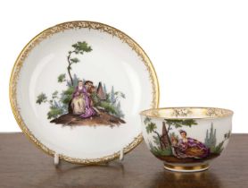 Meissen cabinet cup and saucer 18th/19th Century, painted with a fete galante scene after Watteau