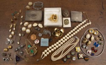 Group of costume and dress jewellery, pair of 9ct hairpins, Dior brooch, silver cigarette case etc