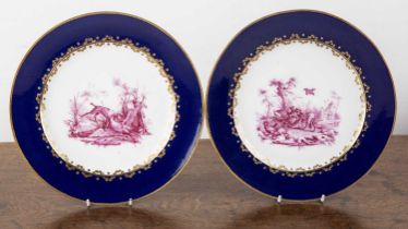 Pair of Sevres porcelain cabinet plates painted with game and fowl in the manner of Swebach, both