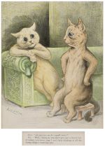 Louis Wain (1860-1939) 'Do you love me for myself alone? (Two Cats)', print, in maple wood frame,