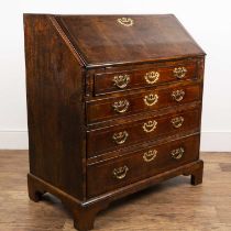 Walnut bureau 18th Century, with a fitted interior and drawers below, 91.5cm wide x 50cm deep x