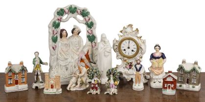 Group of ceramics to include Staffordshire figures, a clock, flatback cottages, Meissen figure etc