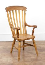 Ash lathe back child's elbow chair stamped PW 1989, 38cm wide x 75cm high with some light wear.