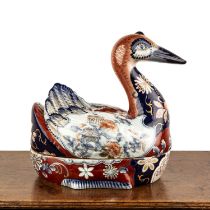 Large container in the form of a duck decorated in the Imari pattern, approximately 24cm wide x 36cm