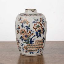 Polychrome Delft jar 18th Century, painted with birds, flowers and foliage, 14cm high With wear