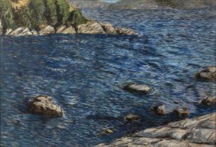 John Harvey Untitled: Greek Coast, pastel, possibly indistinctly signed to the lower right, 44cm x