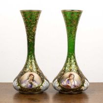 Pair of Bohemian glass vases 19th Century, on forest green ground, each with enamel panels painted