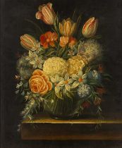 Y K Liffen Untitled: Bouquet with Tulips, oil on board, indistinctly signed to the lower right, 59.