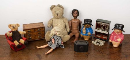 Collection of vintage toys and moneyboxes to include: a miniature chest of drawers, 19cm wide x 13cm