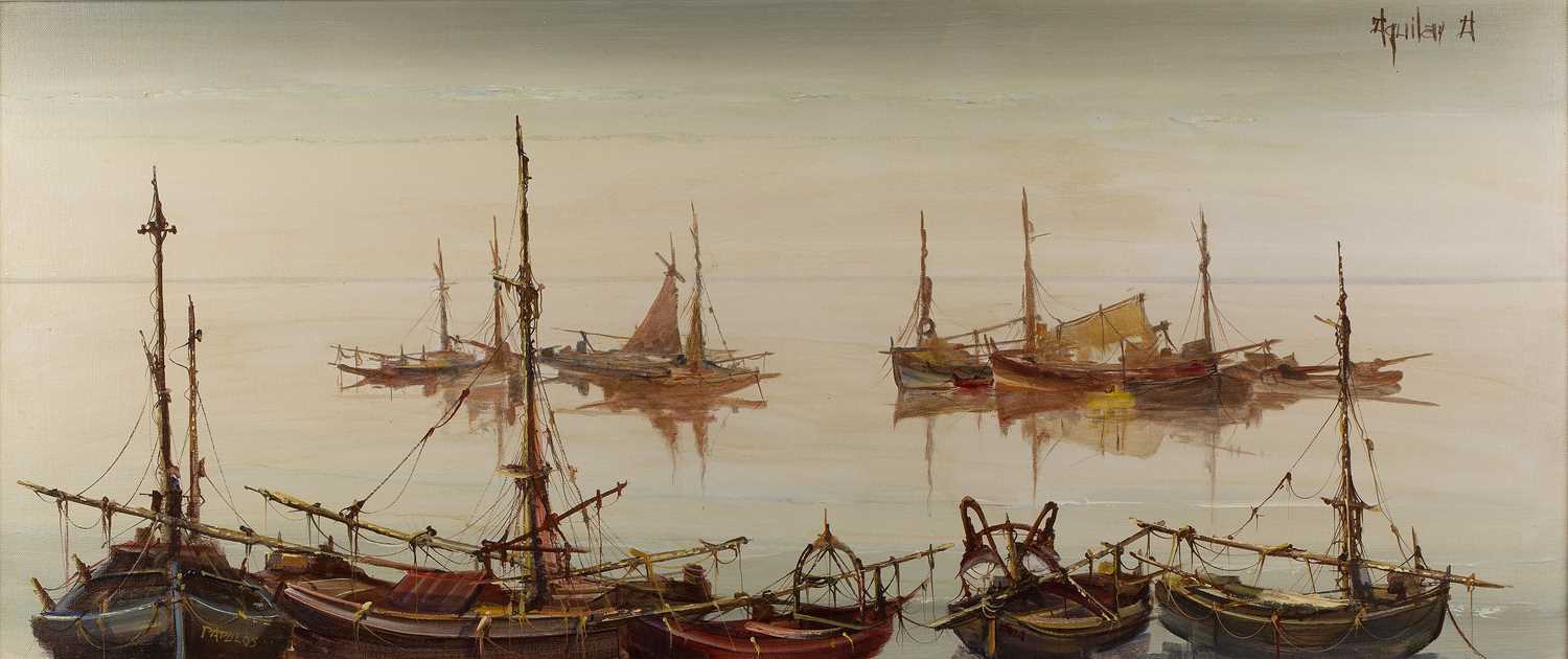 H Aquila (20th Century School) 'Group of fishing boats', oil on canvas, signed upper right, 44cm x