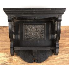 Aesthetic ebonised wall bracket with carved decoration, 41cm wide x 35cm high x 26cm deep
