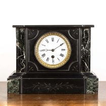 Slate and marble mantel clock possibly German, the white enamel dial with Roman numerals, with