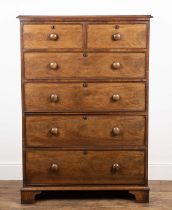 Stained hardwood chest of two over four drawers Victorian, the drawers graduating, with turned