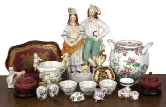 Group of pieces including a Spode creamware two-handled jar and cover, 20cm high, a Meissen