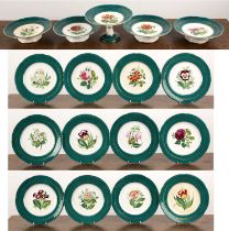 Porcelain dessert service Victorian, decorated with a botanical theme on a turquoise ground, with