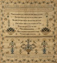 19th Century antique needlework sampler worked in coloured threads on linen ground, signed '