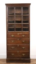 Oak glazed bookcase 18th Century, with glazed panel doors, and four drawers below, 80cm wide x 201cm