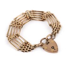 9ct gold gate bracelet with heart padlock clasp, stamped 'G. W.H & Co 9C', 16g approx overall