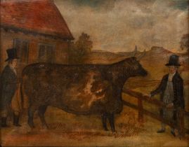 Naive British School 'Nathaniel Dawson Esq, Butcher Buying the Great Farnley Ox, 1802, weight 192