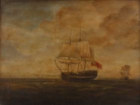 English School Untitled: Ships at Sea with the Red Ensign, oil on canvas, signed 'A Thomas' to the