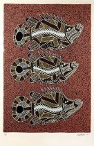 20th Century School Untitled: Aboriginal-style Patterned Fish, linocut, artist's proof, signed to