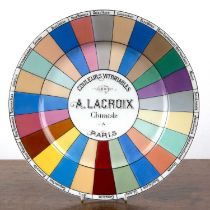 Colour sample plate inscribed to the centre 'COULEURS VITRIFIABLES DE A.LACROIX Chimiste A PARIS',