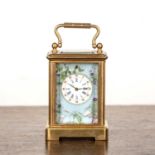Miniature brass carriage clock the face with Roman numerals, bevelled glass and sky-blue ground