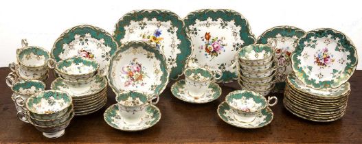 Staffordshire tea service Victorian, decorated with flowers on a turquoise ground, comprising