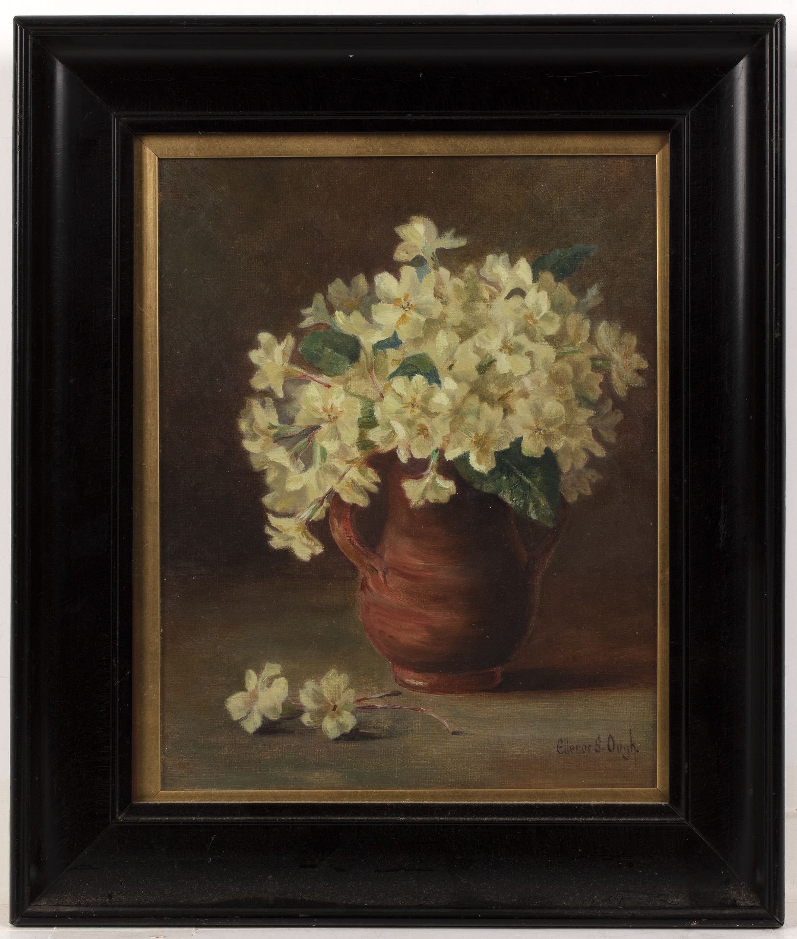 Eleanor S Ough (exh. 1906-1910) A jug of primroses, signed, oil on canvas, 27.5 x 22cm Good overall, - Bild 2 aus 3