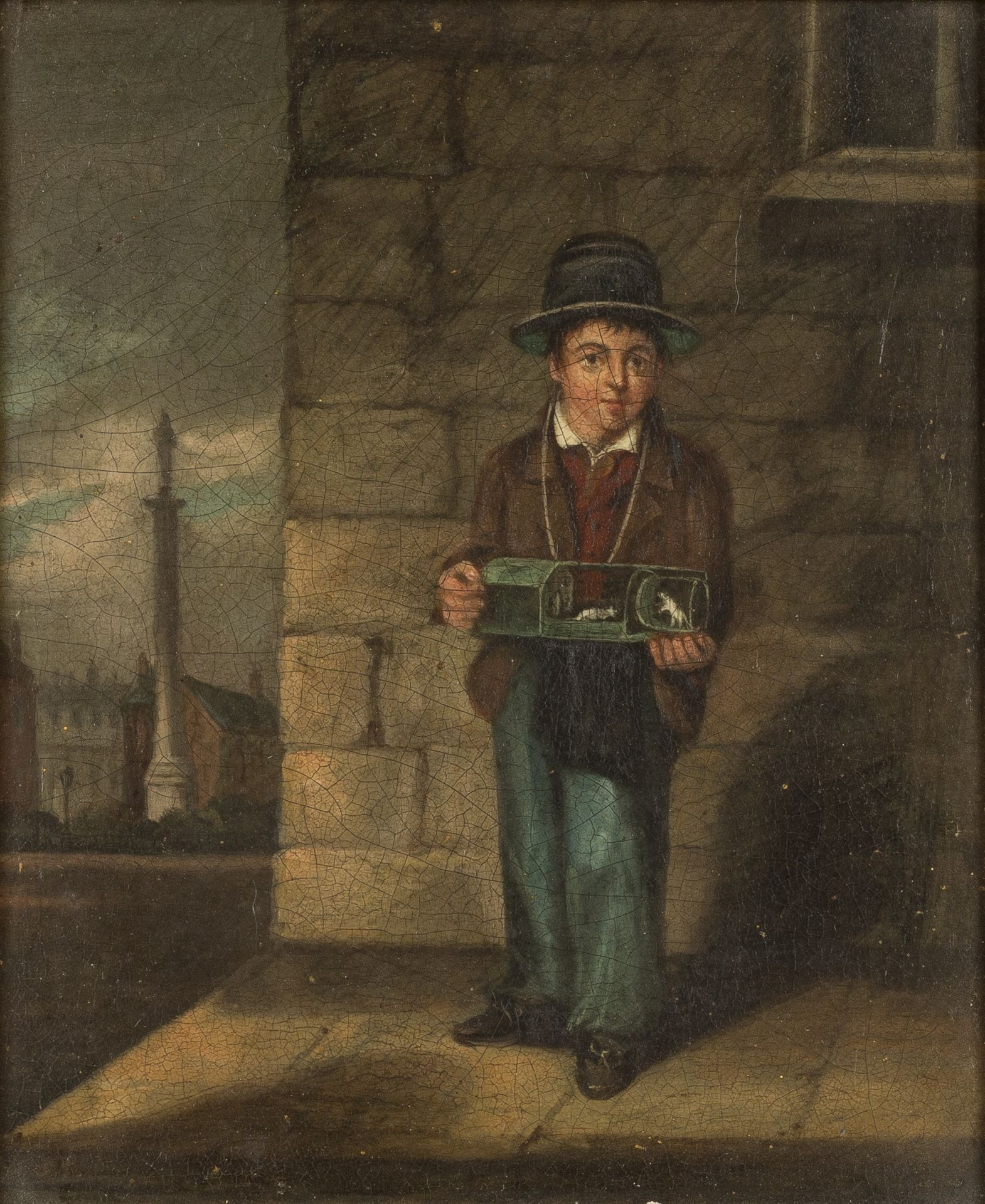 Circle of Charles Hunt (1803-1877) Street vendor with mice in a cage, oil on panel, 15 x 12.5cm