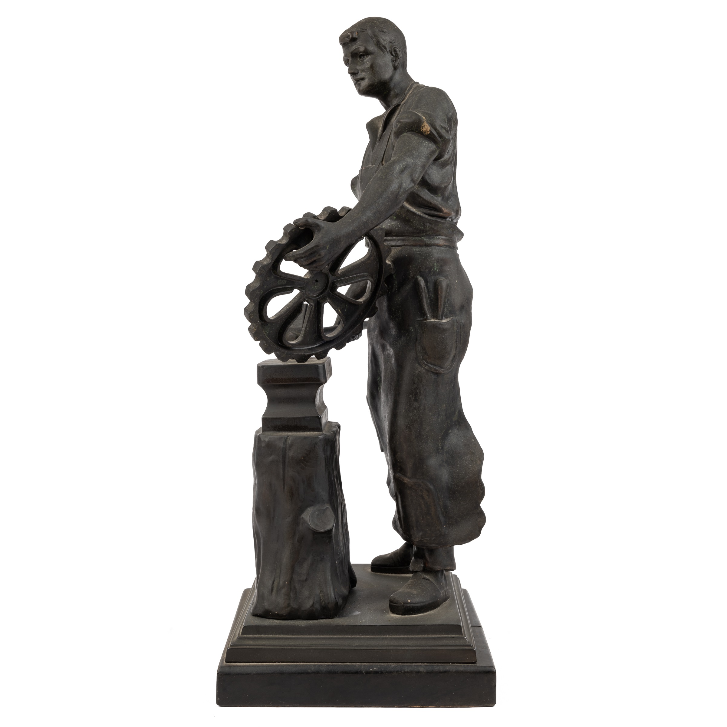 A late 19th century bronzed spelter model of a blacksmith 16cm wide 39cm high - Image 2 of 6