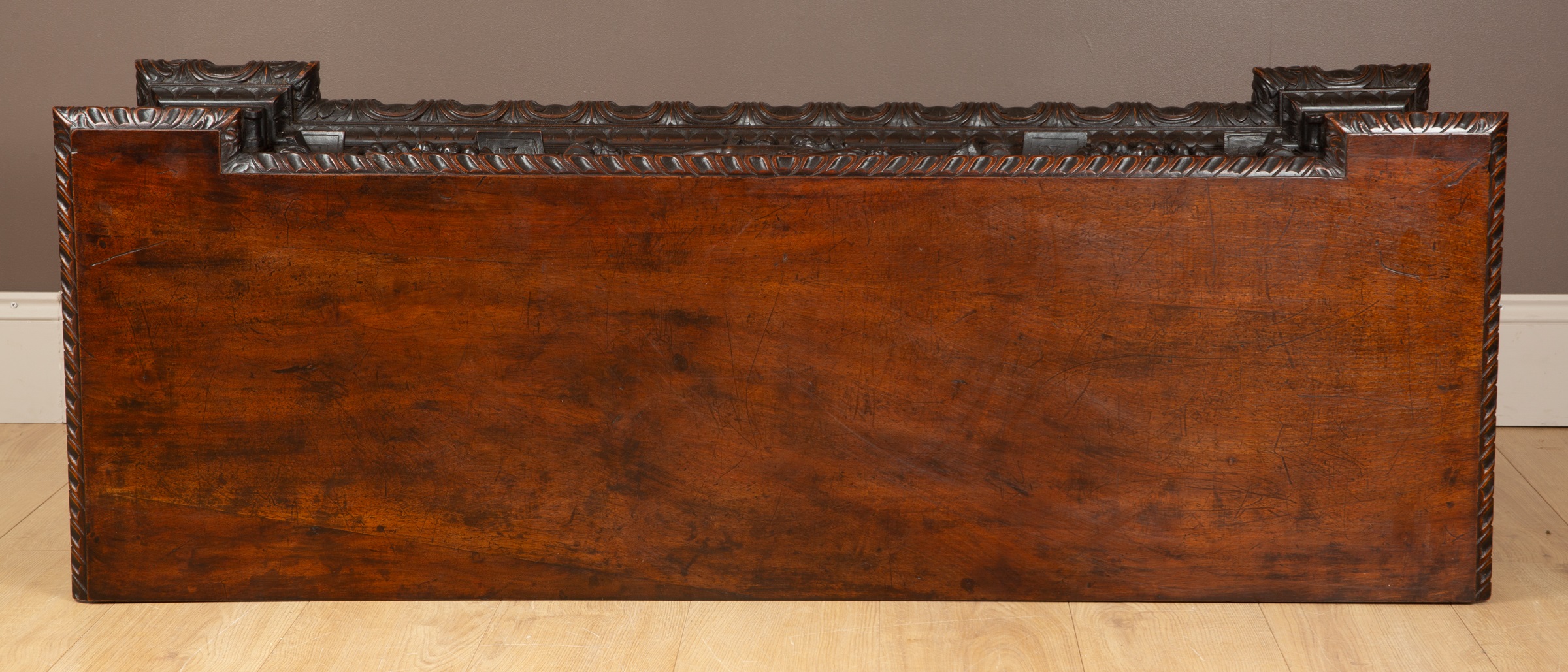 An Italian walnut cassone with a figurally carved fall front. 145cm wide x 51cm deep x 45cm high - Image 4 of 32