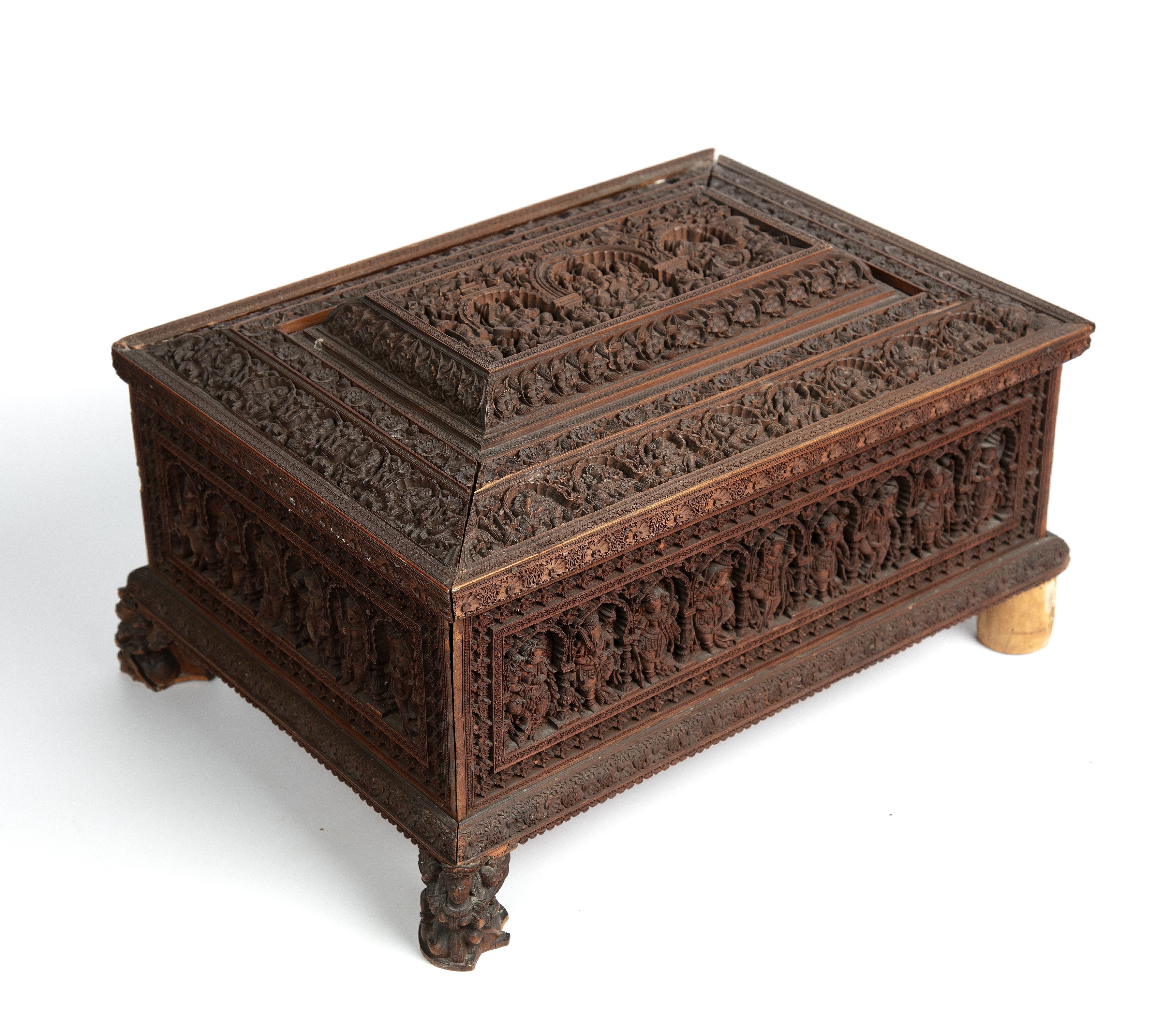 A 19th century Indian carved sandalwood box the lid opening to reveal nine compartments 39cm wide - Image 4 of 7