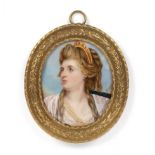 A 19th century English school, miniature oval portrait of Sarah Siddons with plaited hair and