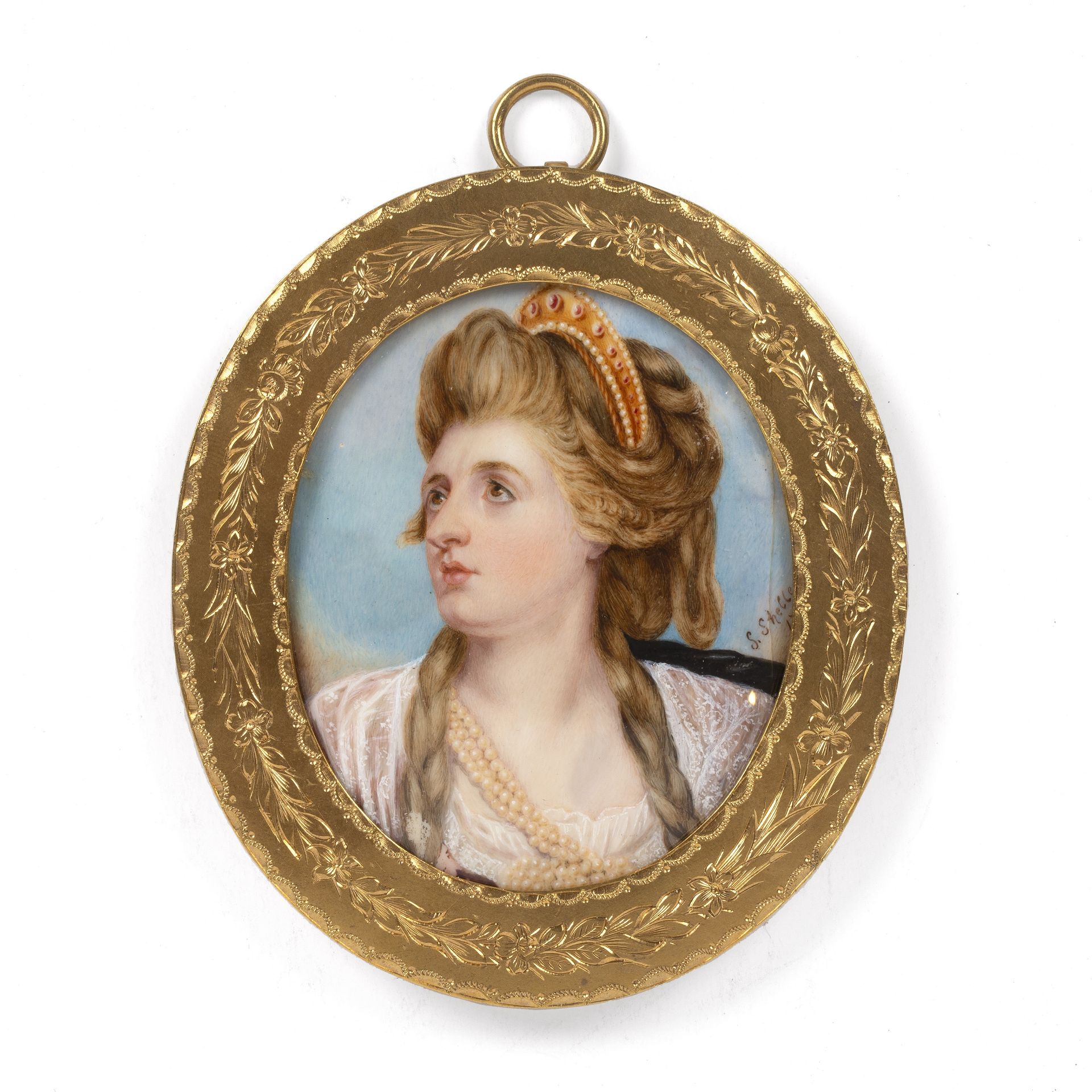 A 19th century English school, miniature oval portrait of Sarah Siddons with plaited hair and